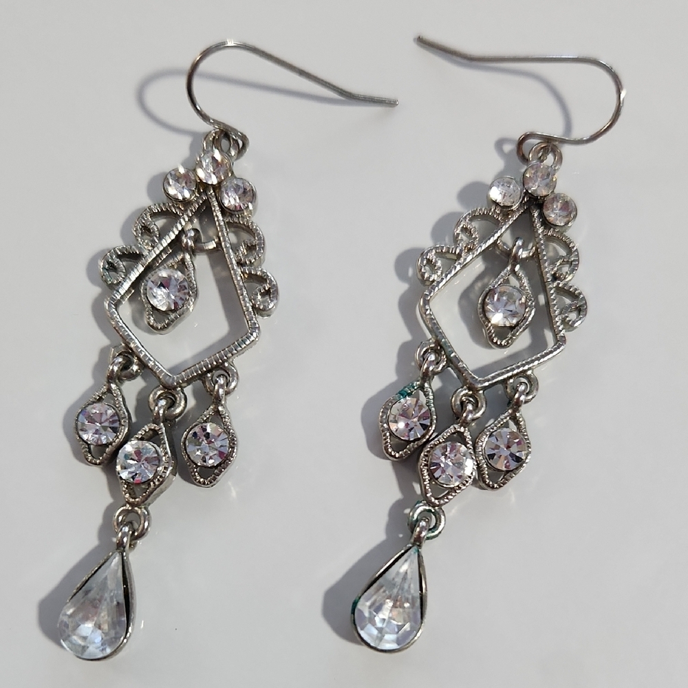 Silver Teardrop Crystal Earrings with Filigree Design